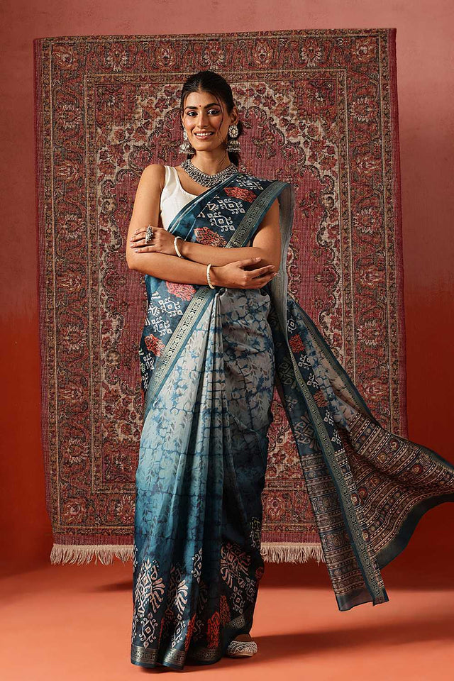 Turquoise Floral Printed Art Silk Saree