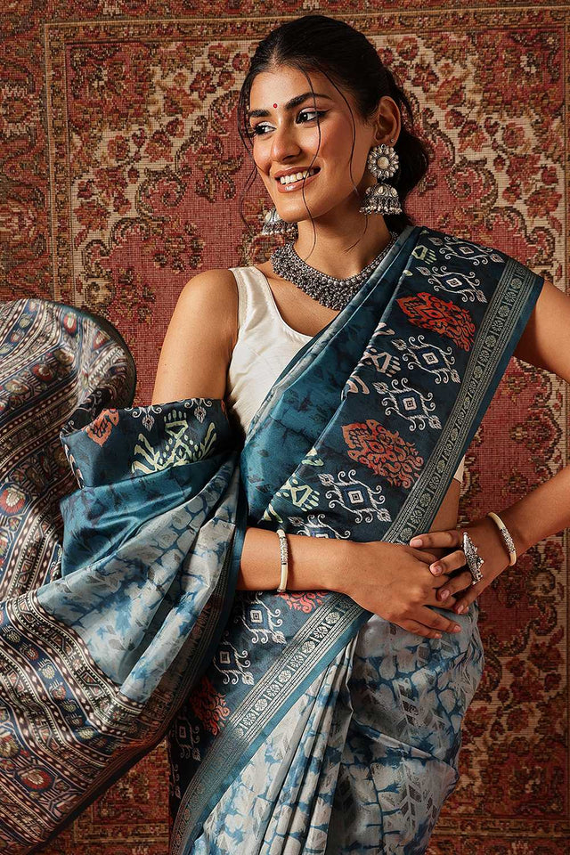 Turquoise Floral Printed Art Silk Saree