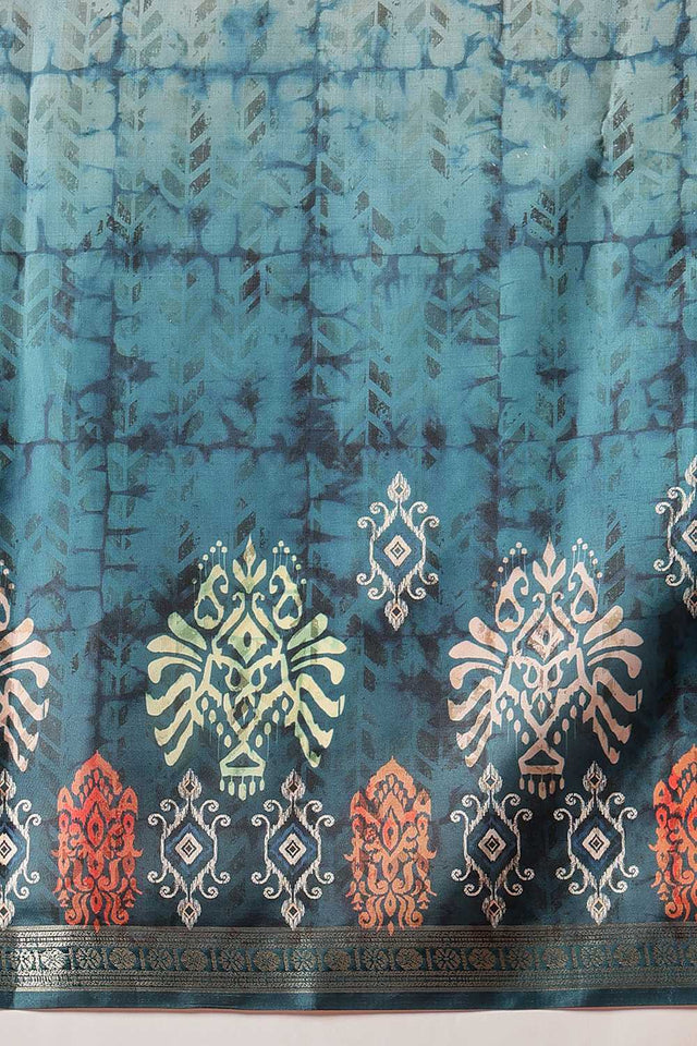 Turquoise Floral Printed Art Silk Saree