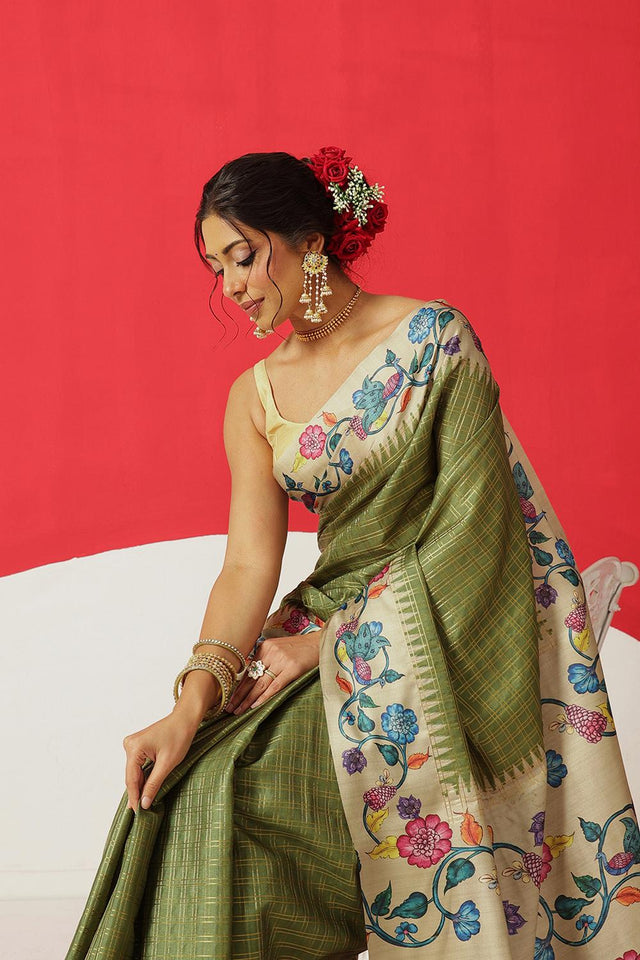 Olive Green Printed Silk Saree (SZ-DGMAYA-2554)