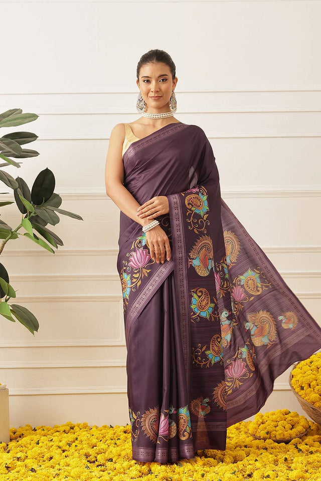 Violet Kalamkari Printed Art Silk Saree (SZ-DGMAYLI-1-PP-3104)