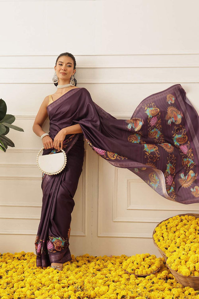 Violet Kalamkari Printed Art Silk Saree (SZ-DGMAYLI-1-PP-3104)