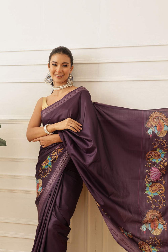 Violet Kalamkari Printed Art Silk Saree (SZ-DGMAYLI-1-PP-3104)