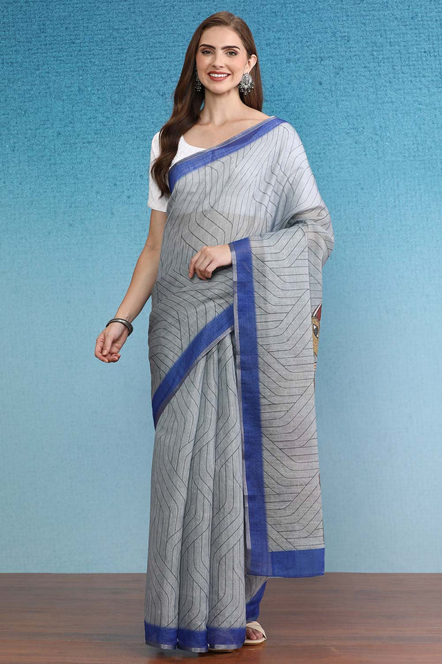 Grey Cotton Zari Tissue Printed Saree