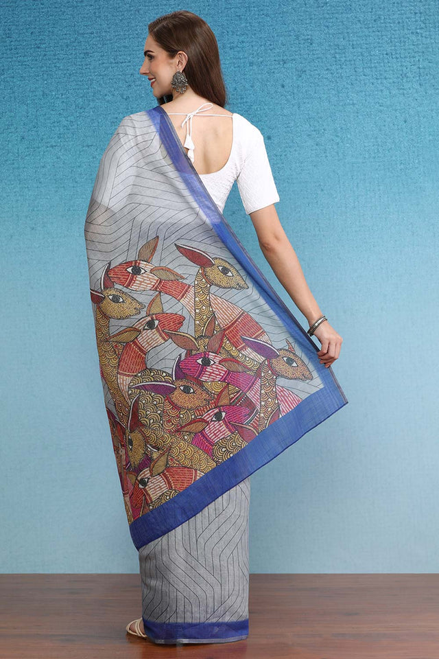 Grey Cotton Zari Tissue Printed Saree