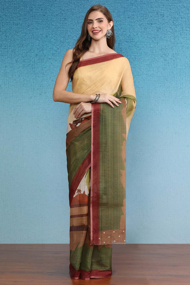 Yellow Cotton Zari Tissue Printed Saree