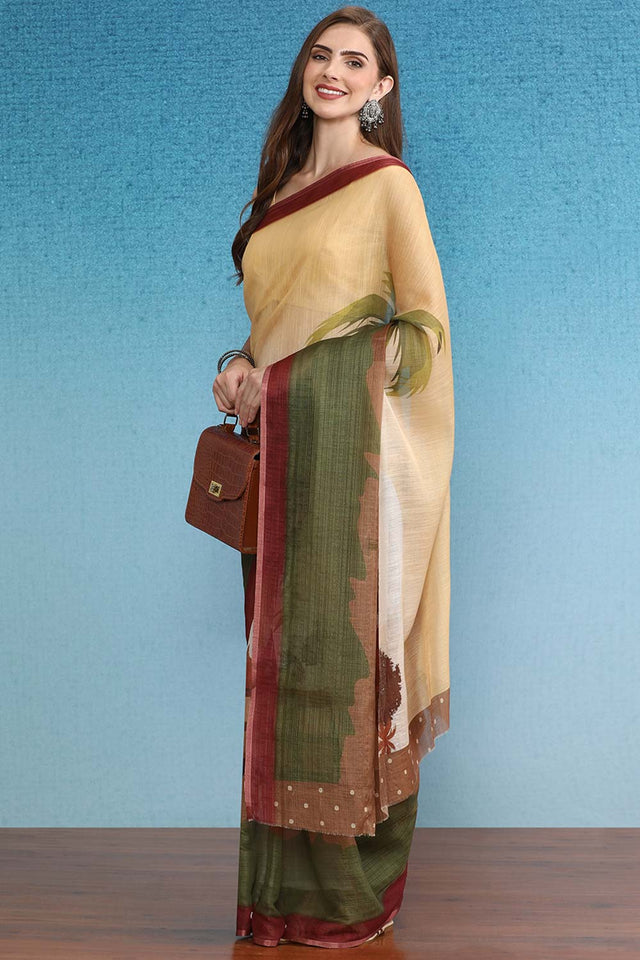 Yellow Cotton Zari Tissue Printed Saree