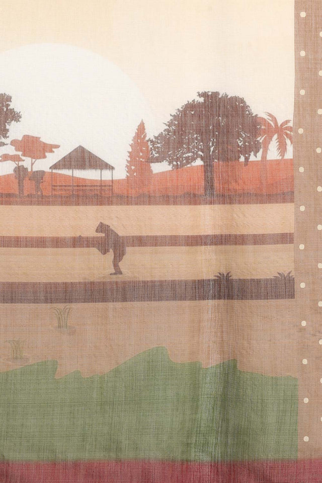 Yellow Cotton Zari Tissue Printed Saree