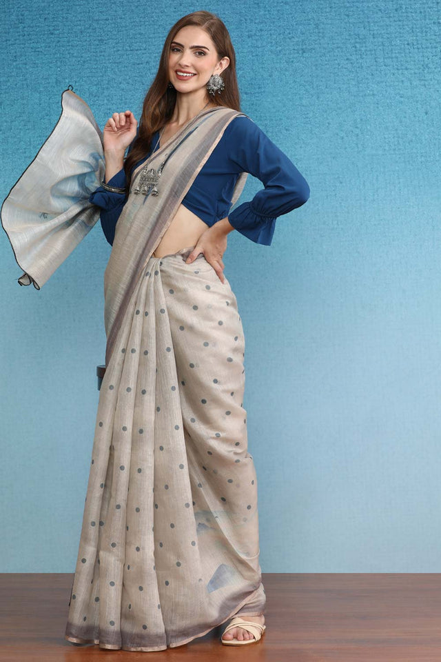 Beige Cotton Zari Tissue Printed Saree