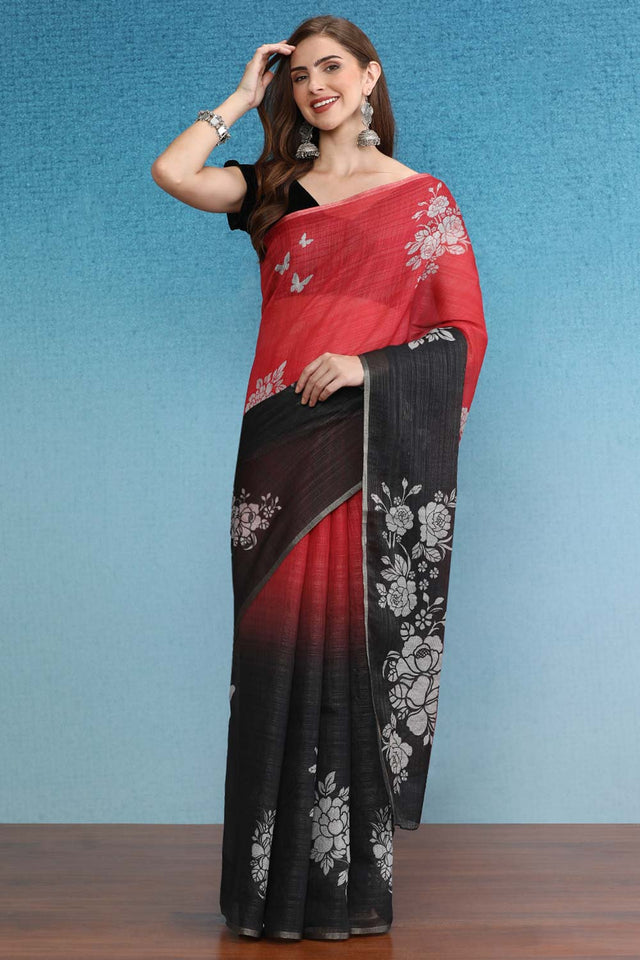 Black Cotton Zari Tissue Printed Saree