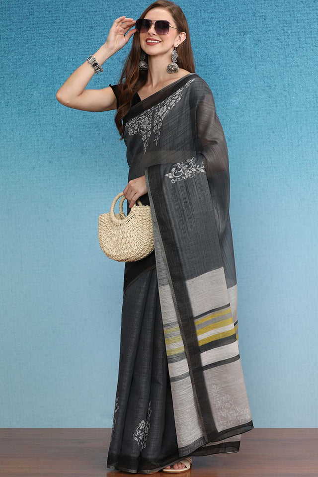 Grey Cotton Zari Tissue Printed Saree
