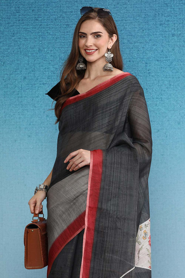 Grey Cotton Zari Tissue Printed Saree