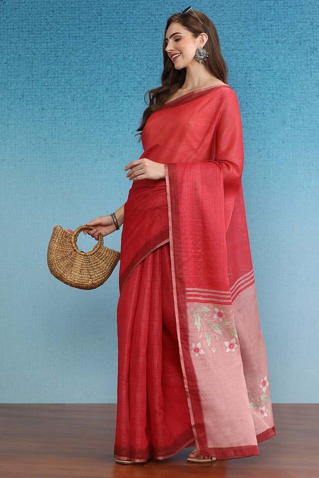 Red Cotton Zari Tissue Printed Saree
