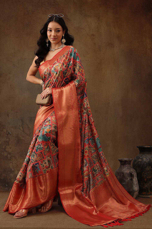 Multi Kanjeevaram Silk Kalamkari Saree