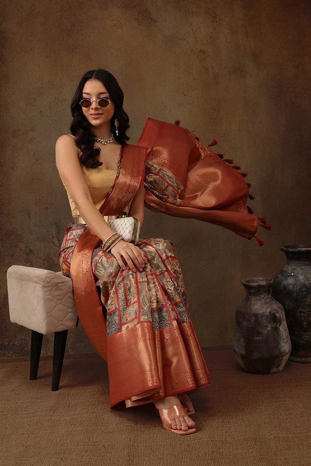 Multi Kanjeevaram Silk Kalamkari Saree