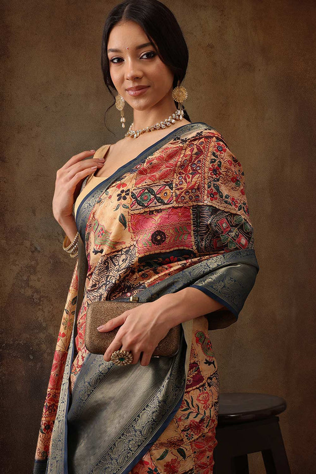 Multi Kanjeevaram Silk Kalamkari Saree