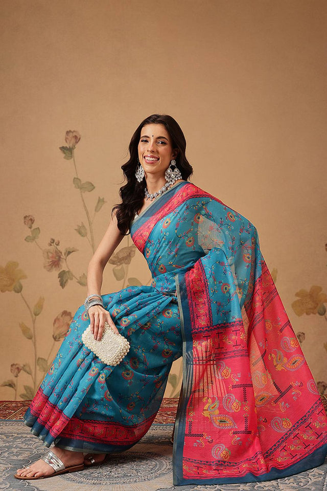 Blue Floral Printed Cotton Blend Saree