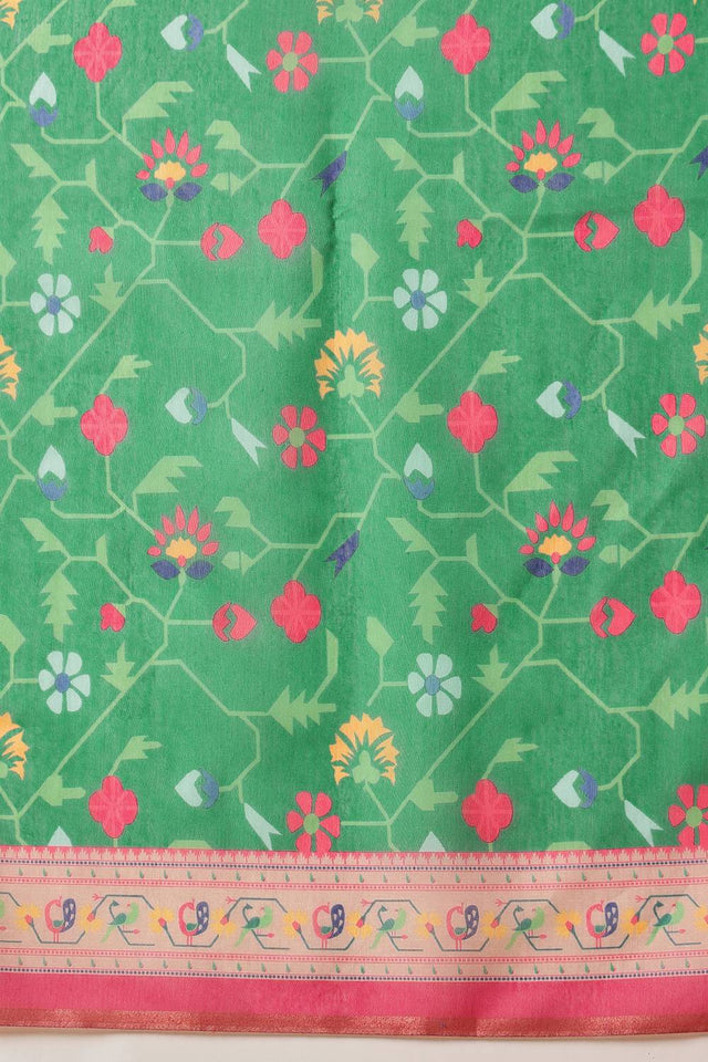Green Floral Printed Cotton Blend Saree