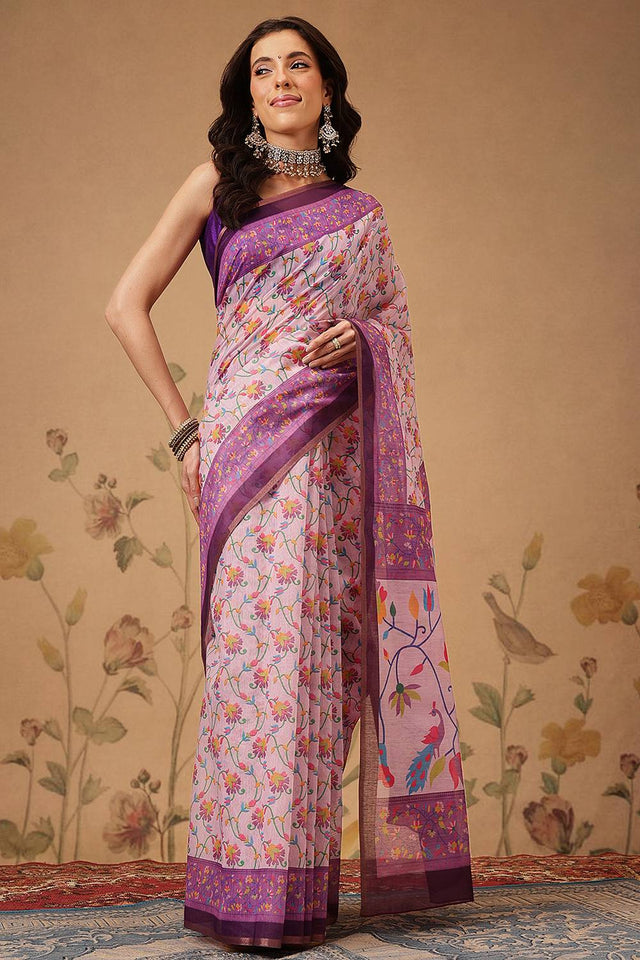 Lavender Floral Printed Cotton Blend Saree