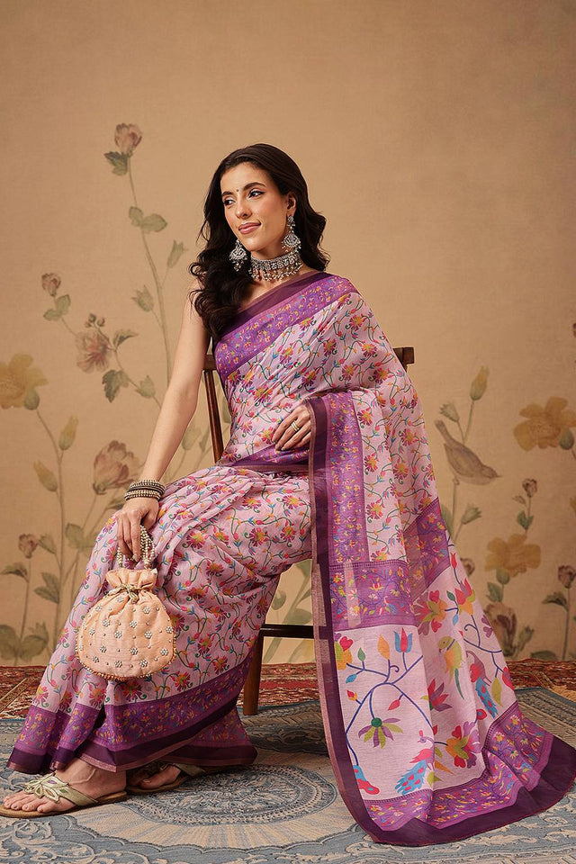 Lavender Floral Printed Cotton Blend Saree