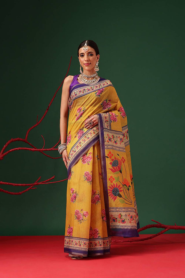 Mustard Floral Printed Cotton Blend Saree