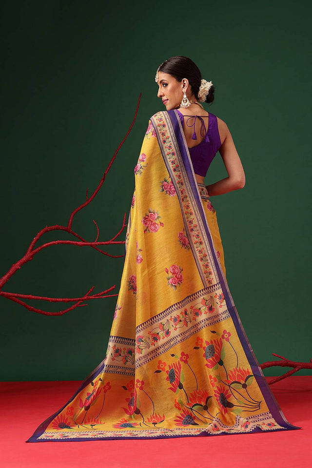 Mustard Floral Printed Cotton Blend Saree