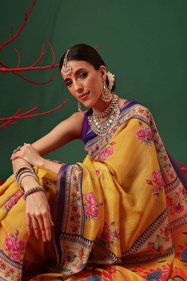 Mustard Floral Printed Cotton Blend Saree