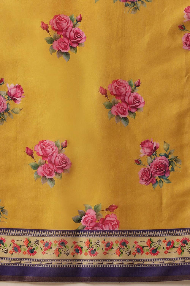 Mustard Floral Printed Cotton Blend Saree