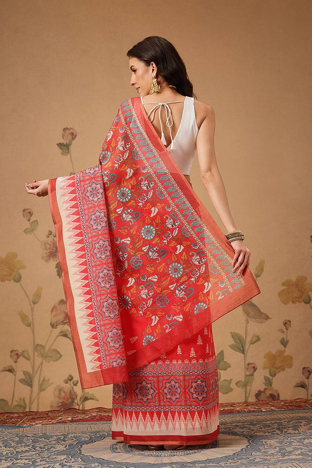 Red Floral Printed Cotton Blend Saree
