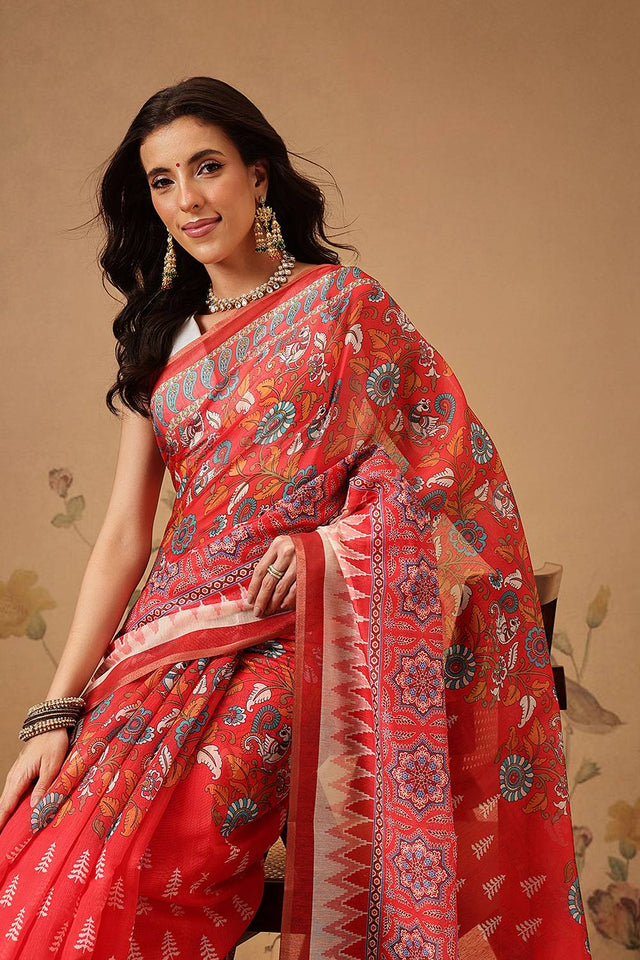 Red Floral Printed Cotton Blend Saree