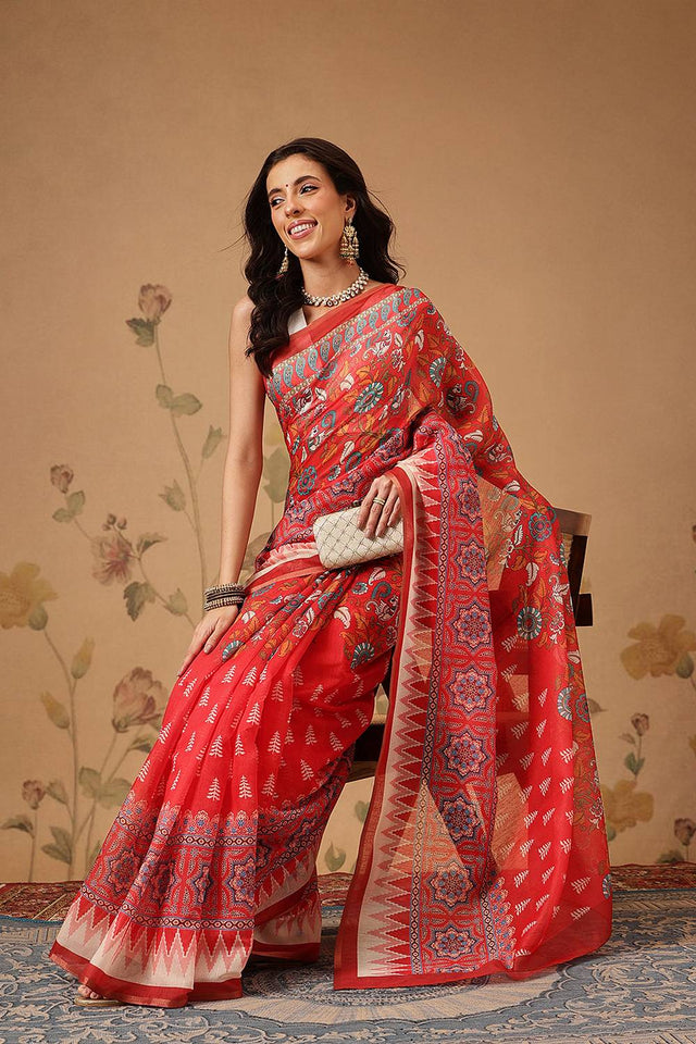 Red Floral Printed Cotton Blend Saree