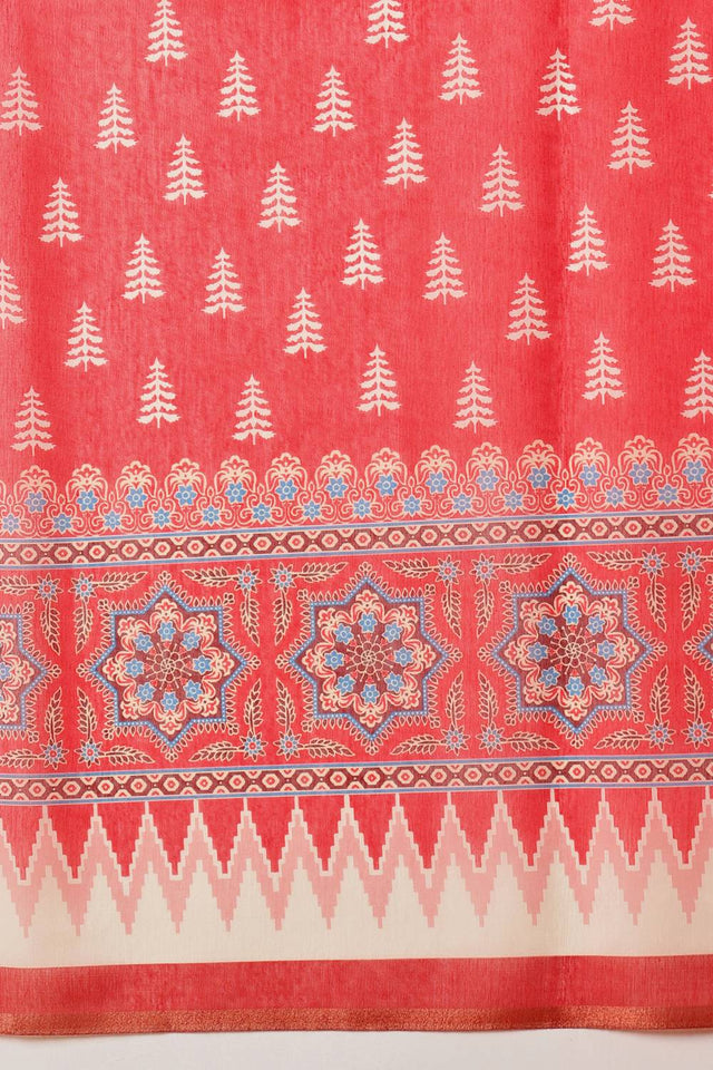 Red Floral Printed Cotton Blend Saree