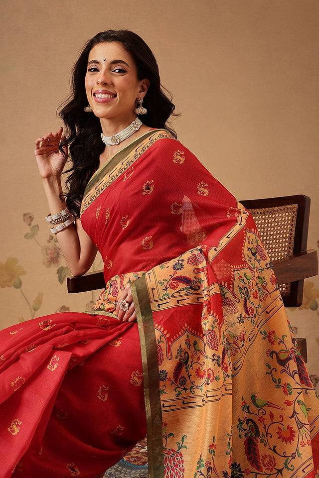 Red Floral Printed Cotton Blend Saree