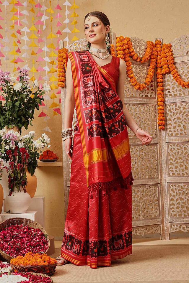 Red Printed Silk Saree