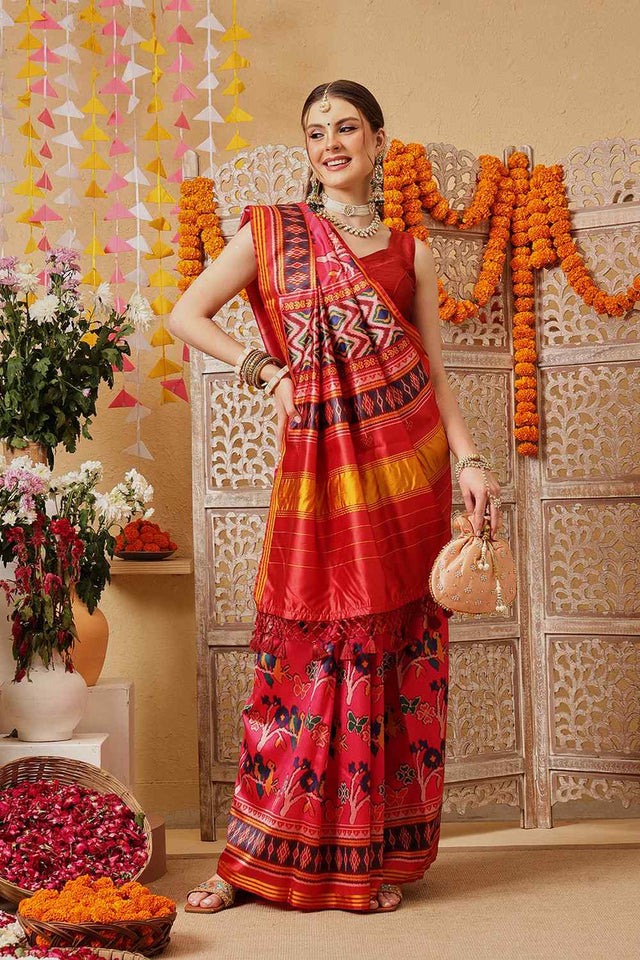 Pink Printed Silk Saree