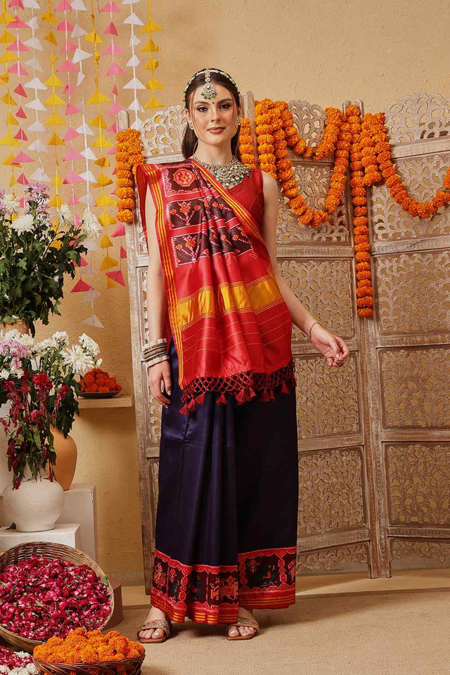 Navy Blue Printed Silk Saree