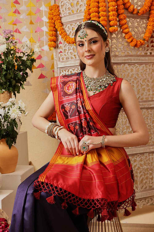 Navy Blue Printed Silk Saree