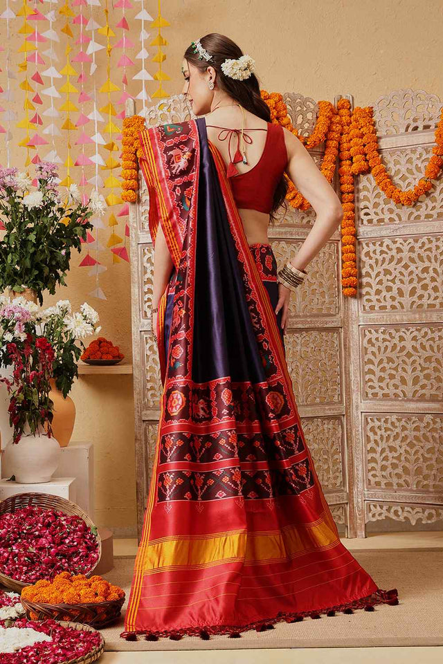 Navy Blue Printed Silk Saree