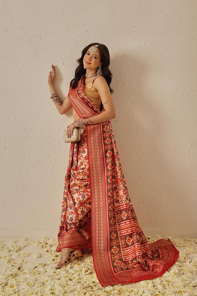 Beige Patola Printed Silk Saree