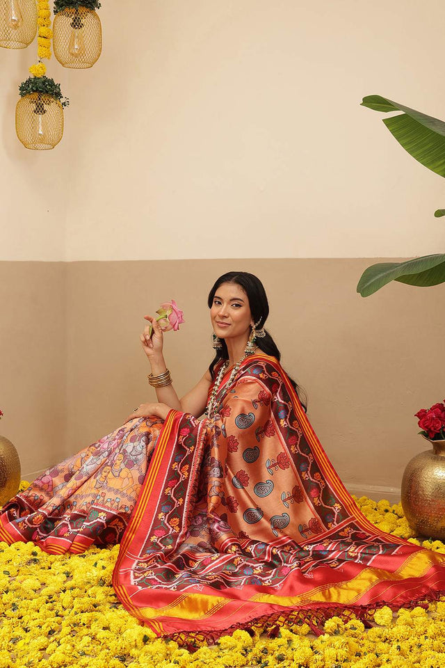 Orange Kalamkari Printed Silk Saree (SZ-DGPATOLA-3120)