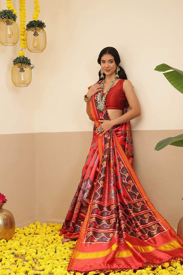 Red Kalamkari Printed Silk Saree (SZ-DGPATOLA-3121)