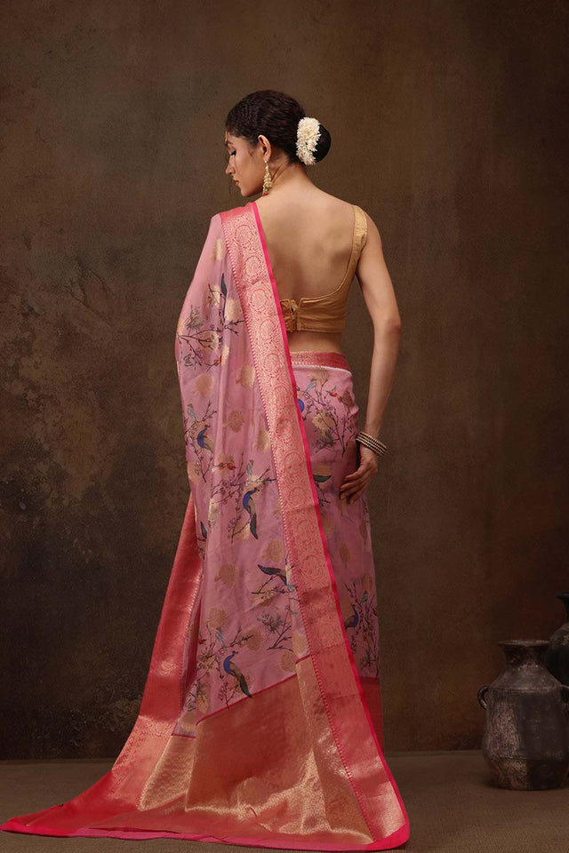 Light Pink Floral Chanderi Kamlamkari Art Silk Saree