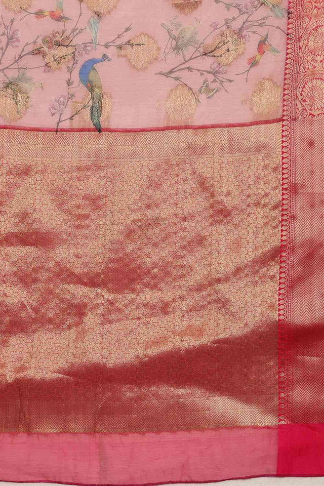 Light Pink Floral Chanderi Kamlamkari Art Silk Saree