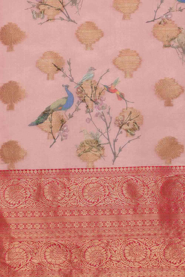 Light Pink Floral Chanderi Kamlamkari Art Silk Saree