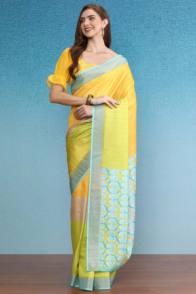 Color Blocked Zari Border Printed Silk Saree