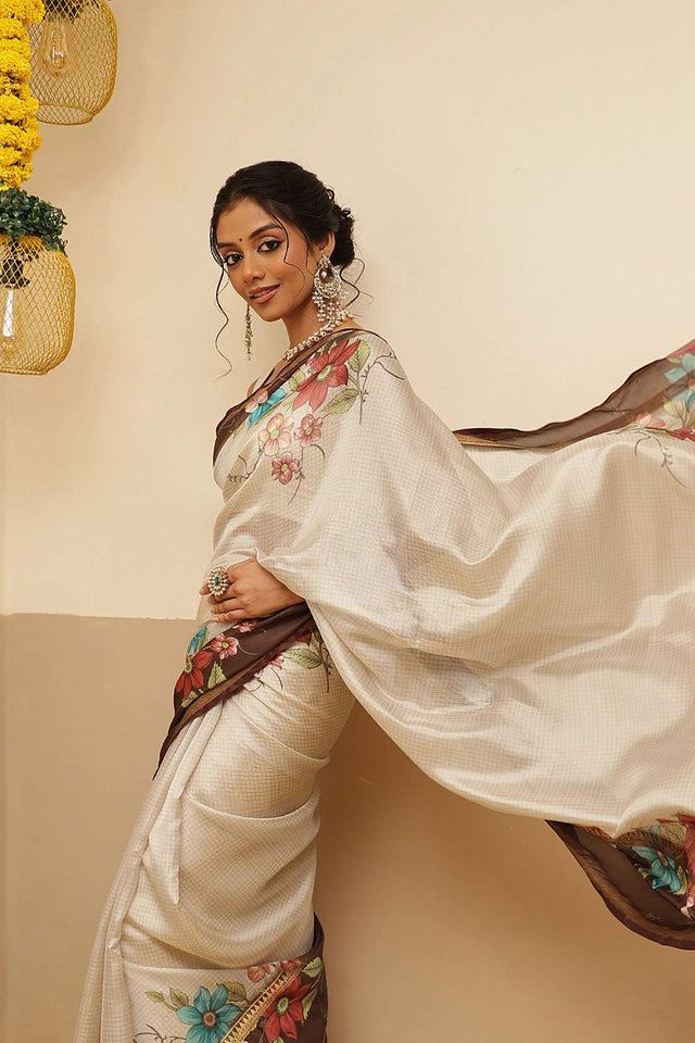 Beige Checkered Printed Silk Saree (SZ-DGRIA1-BE-3133)