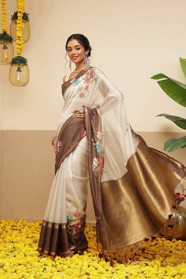 Beige Checkered Printed Silk Saree (SZ-DGRIA1-BE-3133)