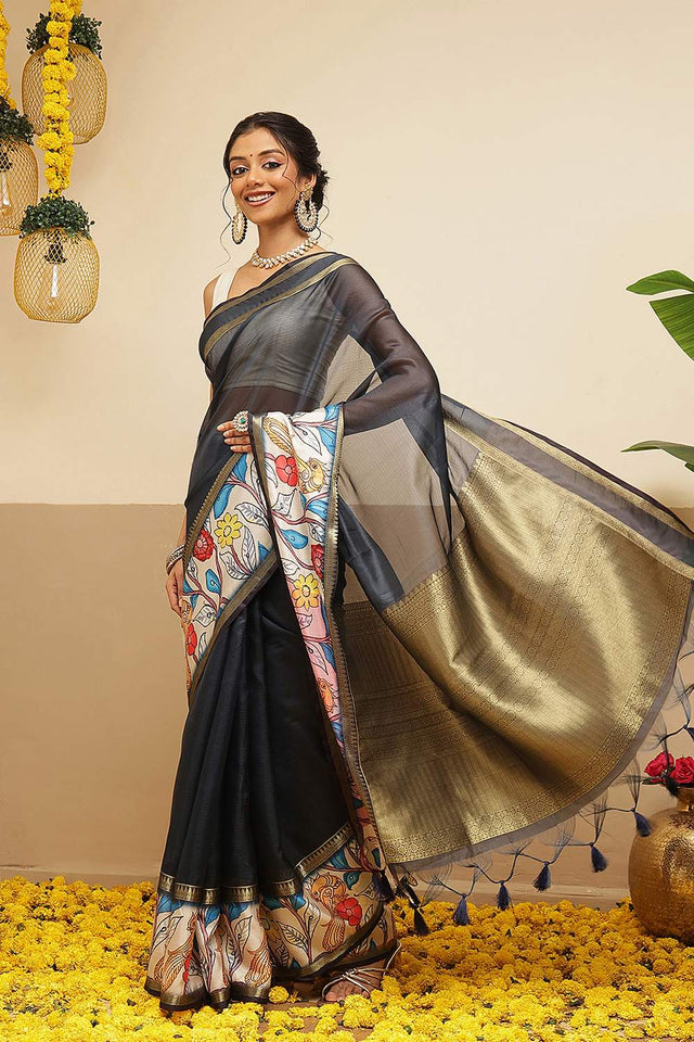 Blue Checkered Printed Silk Saree (SZ-DGRIA1-BU-3134)