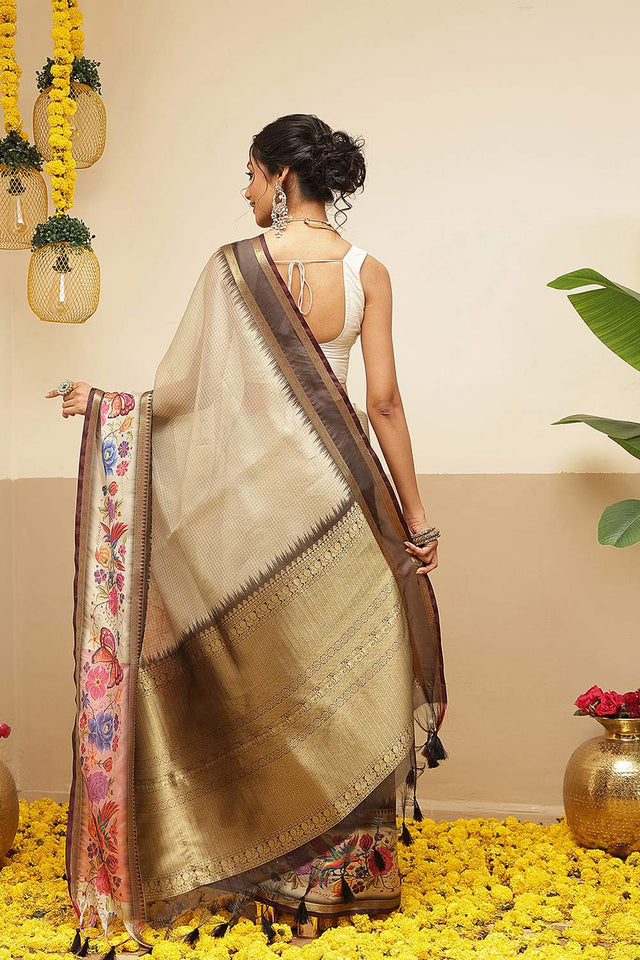 Cream Checkered Printed Silk Saree (SZ-DGRIA1-CR-3136)