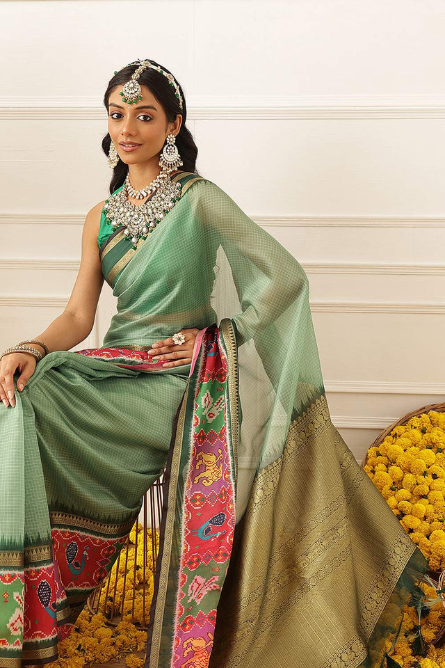 Green Checkered Printed Silk Saree (SZ-DGRIA1-GN-3135)